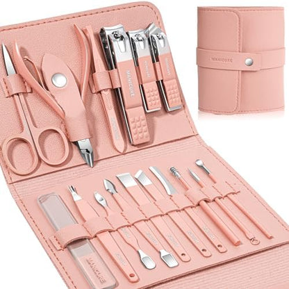 Manicure Set Professional Nail Clippers Pedicure Kit, 16 pcs Stainless Steel Nail Care Tools Grooming Kit with Luxurious Travel Leather Case for Thick Nails Men Women Gift (Black) - PuriLite