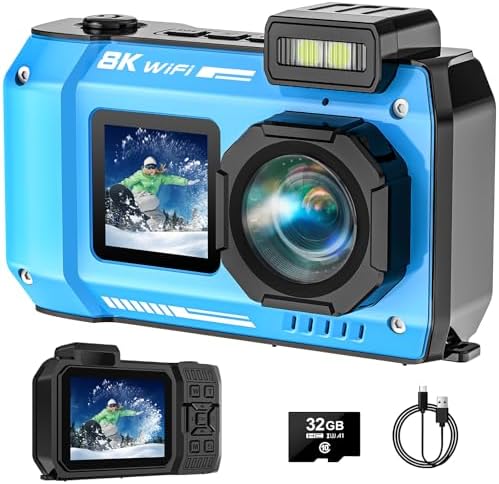 UHD 8K Underwater Camera, 70MP 33FT WiFi Waterproof Digital Camera with 64GB Card, Auto Focus Waterproof Dual-Screen Selfie 2500mAh Battery, 18X Floatable Digital for Snorkeling - PuriLite