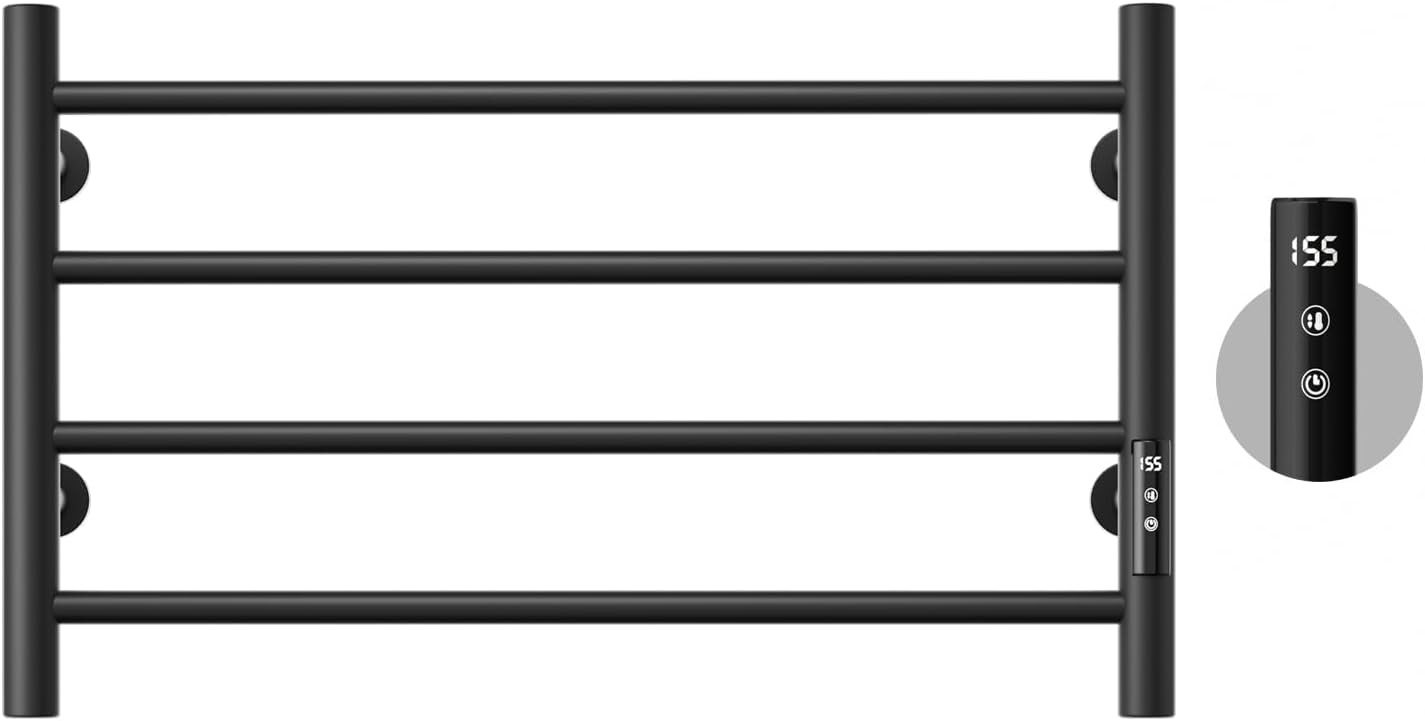 POPFLY Heated Towel Rack, Wall Mounted Electric Hot Towel Warmer, 4-Bar 304 Stainless Steel Small Heated Towel Warmer Rack for Bathroom with Timer and Temperature Control, Brushed - PuriLite