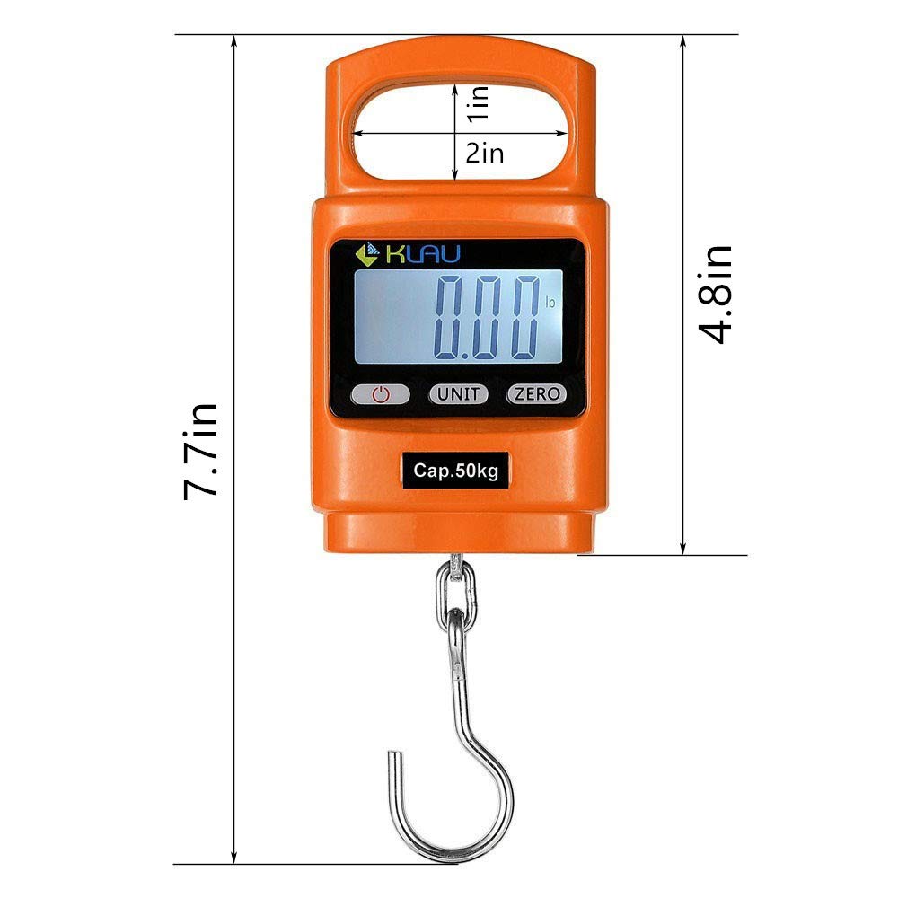 Klau Portable Fish Weighing Scales 100 lb / 1600 oz Heavy Duty Digital Hanging Scale LCD Display with Backlight Orange for Home Farm Hunting Outdoor - PuriLite