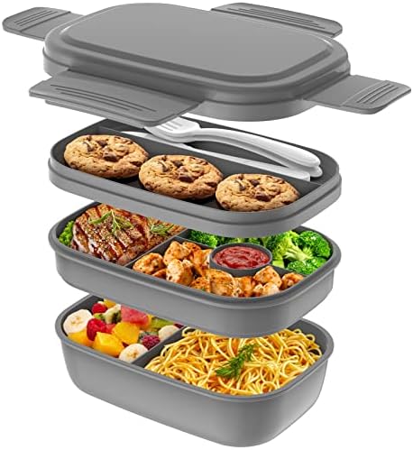 Bento Box Adult - 3 Layers Stackable Lunch Containers for Adults & Kids, 72oz Large Salad Containers for Lunch with Utensil Sauce Dressing Containers for Dining Out,Work,Pink - PuriLite