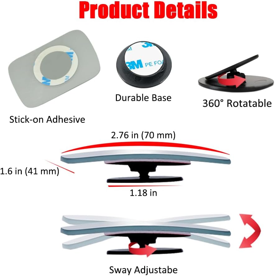 Ampper Blind Spot Mirror, 2" Round HD Glass Frameless Convex Rear View Mirror, Pack of 2 - PuriLite