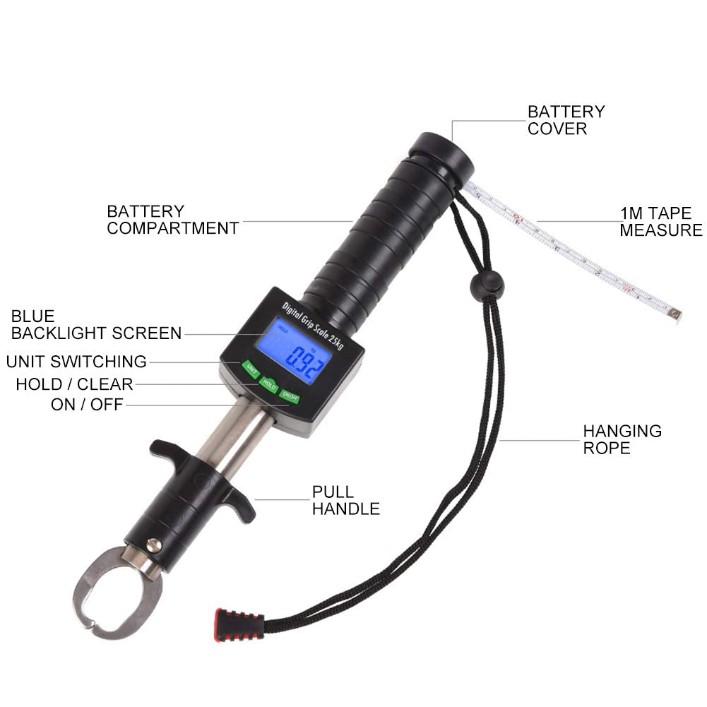 Fish Lip Grip with LED Display Multi-Function Digital Fish Grip Scale 25 Kg 55LB Electronic Control Grabber - PuriLite