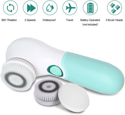 Facial Cleansing Brush Electric Facial Exfoliating Massage Brush with 3 Cleanser Heads and 2 Speeds Adjustable for Deep Cleaning, Removing Blackhead, Face Massaging - PuriLite