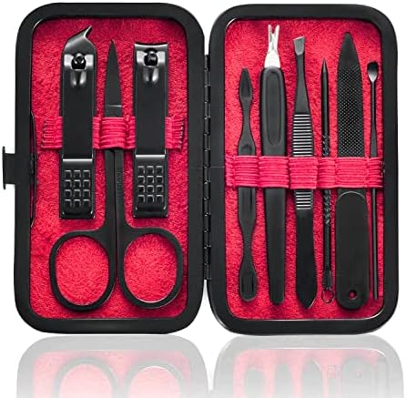 Manicure Set 9 in 1 Stainless Steel, Nail Clippers Scissors Pedicure Tools Kit - Portable Travel Grooming Kit for Men and Women with Black/Red Leather Case (Blue) - PuriLite