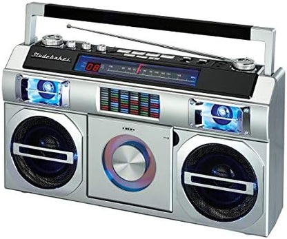 Studebaker SB2145S 80's Retro Street Bluetooth Boombox with FM Radio, CD Player, LED EQ, 10 Watts RMS and AC/DC in Silver - PuriLite
