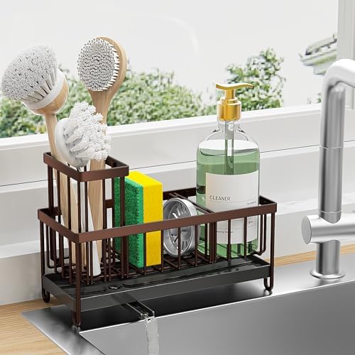 Cisily Sponge Holder for Kitchen Sink, Sink Caddy with High Brush Holder, Organzier Rustproof 304 Stainless Steel Dish Organizer Divider, Soap Dispenser Storage (Black) - PuriLite