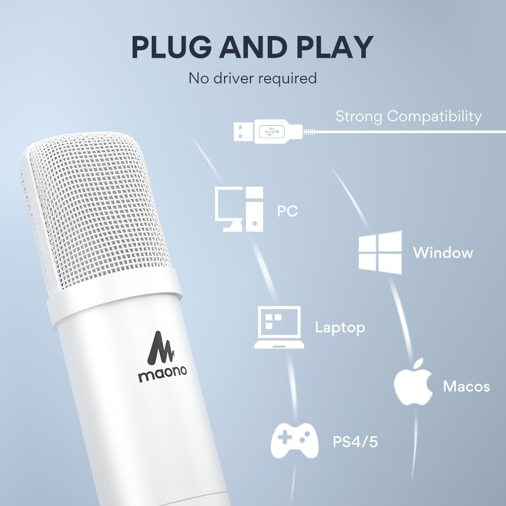 USB Microphone, MAONO 192kHz/24Bit Plug & Play PC Computer Podcast Condenser Cardioid Metal Mic Kit with Professional Sound Chipset for Recording, Gaming, Singing, YouTube (AU-A04) - PuriLite