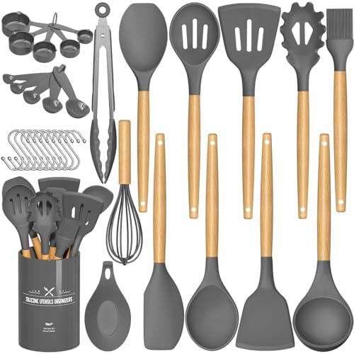 Umite Chef Kitchen Cooking Utensils Set, 33 pcs Non-Stick Silicone Cooking Kitchen Utensils Spatula Set with Holder, Wooden Handle Silicone Kitchen Gadgets Utensil Set (Khaki) - PuriLite