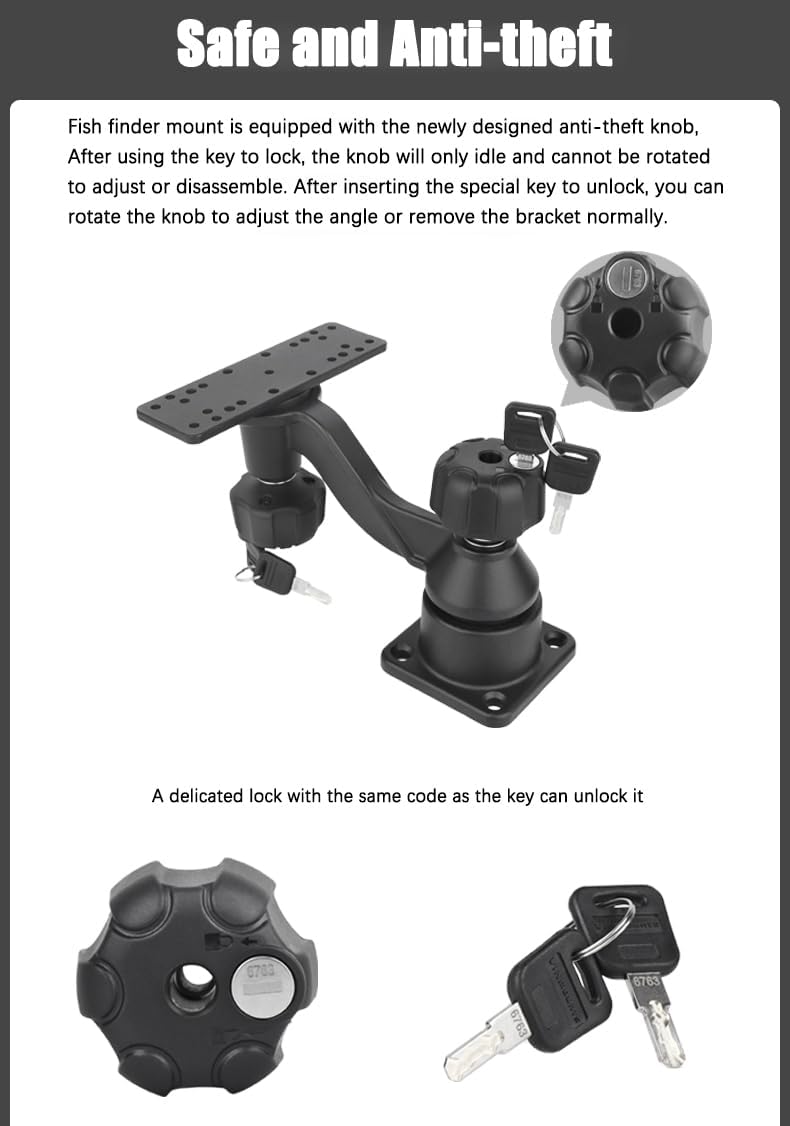 Strg Fish Finder Mount with Lock for Boat, Kayak Fish Finder Swing Mount Marine Electronics Mounts with Rectangular Plate Compatible with Scotty Garmin Lowrance Humminbird and More Depth Finder - PuriLite