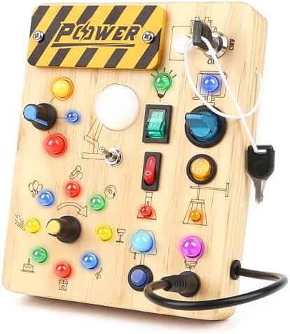 Joyreal Montessori Busy Board Wooden Sensory Toys for Toddler with LED Light Up Switch, Baby Fidget Board Travel Toys for 18+ Months, Boys Girls Birthday - PuriLite