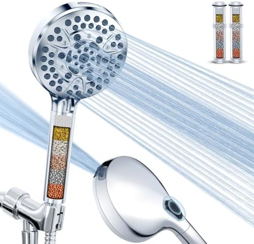 High Pressure 10-Mode Handheld Shower Head - Built in Power Wash for Clean, Replaceable Filter Soften Hard Water Remove Chlorine, 60 Inches Hose, Overhead Bracket, Anti-Clog Nozzle (Chrome) - PuriLite