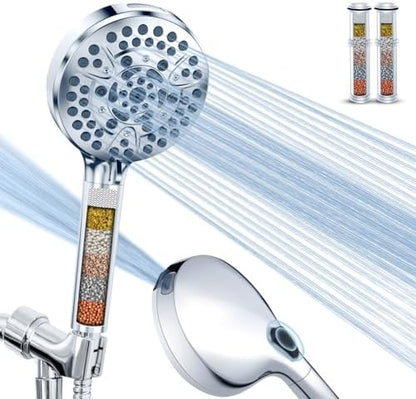 High Pressure 10-Mode Handheld Shower Head - Built in Power Wash for Clean, Replaceable Filter Soften Hard Water Remove Chlorine, 60 Inches Hose, Overhead Bracket, Anti-Clog Nozzle (Chrome) - PuriLite