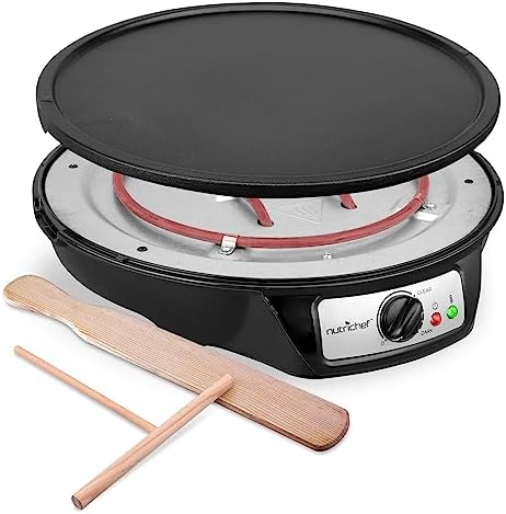 NutriChef Electric Crepe Maker, Cooks Roti, Tortillas, Pancakes, Nonstick Cooktop, 8-inch Cook Area On/Off Switch, Automatic Temperature Control & Cool Touch Handle, Includes Food Bowl, Whisk, Spatula - PuriLite