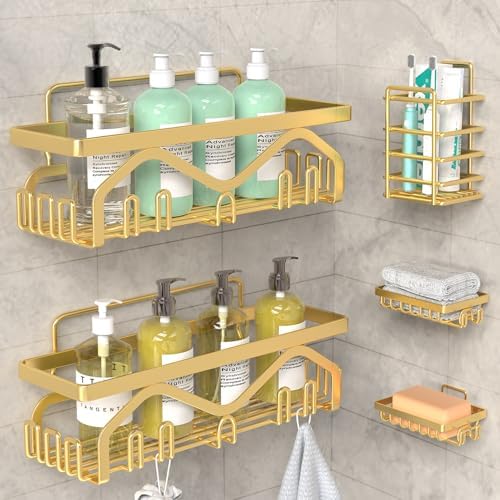Coraje Adhesive Shower Caddy, 5-Pack Shower Shelves, Large Capacity Load Bearing 40 LBS Shower Organizer, No Drilling Shower Shelf, Rustproof Stainless Steel Bathroom Shower Storage, Black - PuriLite