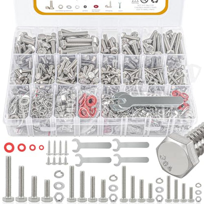 780pcs Hex Bolts and Nuts kit, 304 Stainless Steel M6 M5 M4 M3 Metric Bolt Assortment (Lock & Flat Washers), Stainless Steel Bolts and Nuts kit, Metric Screw Assortment - PuriLite