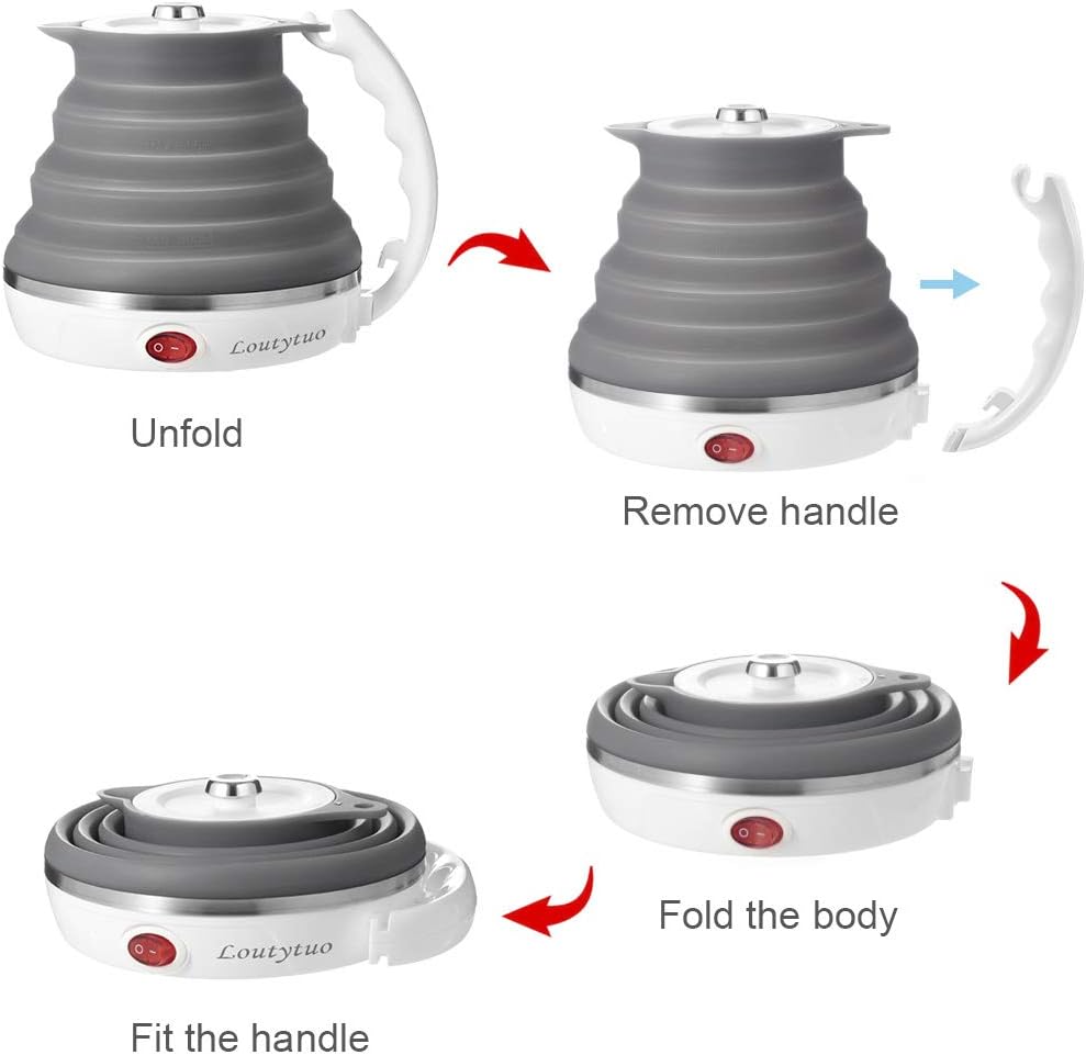 120V 555ML Ultrathin Travel Foldable Electric Kettle with Separable Power Cord and Handle, Boil Dry Protection, Food Grade Silicone - PuriLite