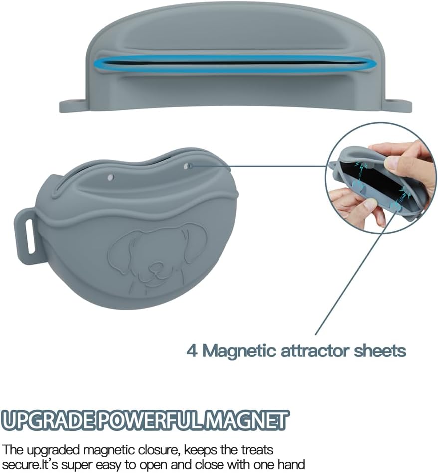 TUCANA Silicone Dog Treat Pouch for Pet Training – Upgraded 4 Strong Magnets Enhanced Magnetic Closure, Ease of Cleaning, Come with Adjustable Wasit Belt and Effective Dog Clicker (Grey) - PuriLite