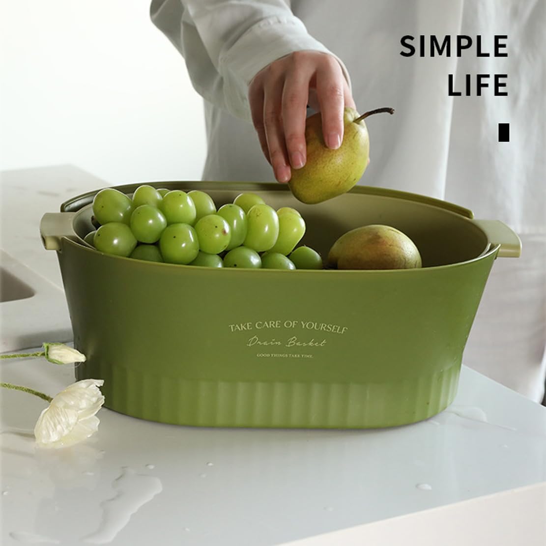 Kitchen Washbas Food Strainer Drain Basket Rotating Drainer Double-Layer Basin Vegetable Fruit Washing Strainer - PuriLite