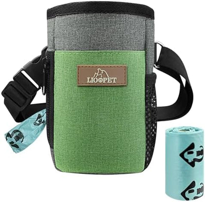 LIOOPET Dog Treat Pouch - Fashionable Green&Grey Design - Large Capacity Dog Treat Bag for Dog Walks, Outdoor Activities, Travel and Training - Includes 1 Poop Bags - PuriLite