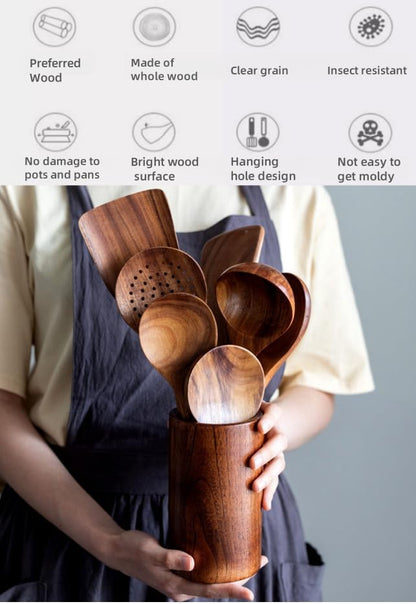 Purilite Select – Natural Teak Wooden Cooking Utensils Set (8-Piece Spoons &amp; Spatulas) - PuriLite