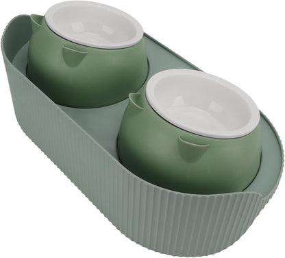 Elevated Cat Bowls, Double Ceramic Pet Bowls Cat Food and Water Set Elevated Feeding Station Ceramic Pet Dish Feeder for Kitten and Small Dogs, (Green [Cheongsam Meow] Green Bottom)