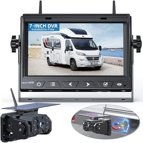 Magnetic Solar Wireless Backup Camera No Installation VASTEND 7'' Rear View Camera for Car No Delay 10000mAh Rechargeable RV Backup Camera 1080P for Truck Trailer Camper (VS-7A) - PuriLite