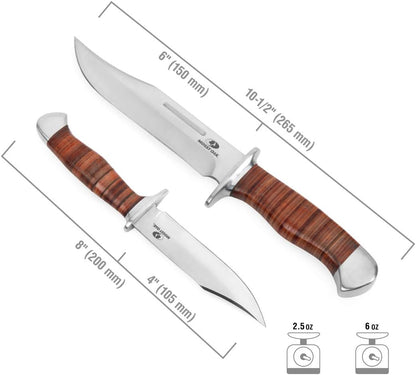 Mossy Oak 2-Piece Bowie Knife, Fixed Blade Hunting Buck Knife Set Leather Handle with Sheath - PuriLite