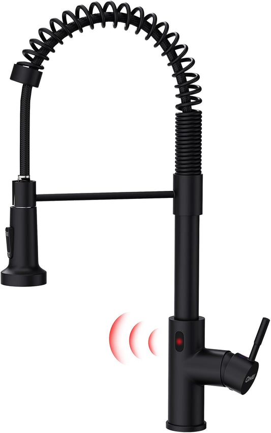 GIMILI Touchless Spring Kitchen Faucet with Pull Down Sprayer, Single Handle Motion Sensor Activated Hands-Free Kitchen Sink Faucet, Single Hole Smart Kitchen Faucet, Solid Brass, Matte Black - PuriLite