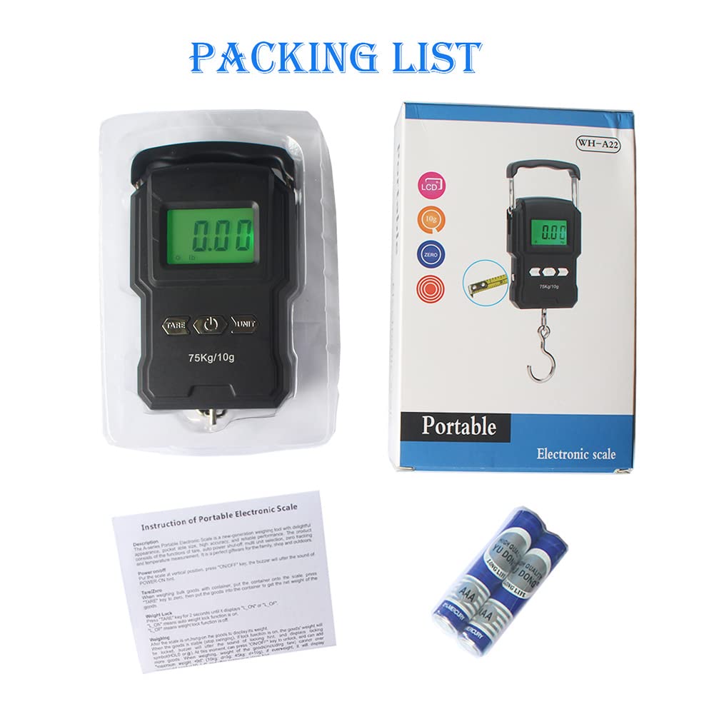 YAGSUW Portable Electronic Hook Scale Digital Hanging Bag Luggage Weight Scale Fishing Scale with Measuring Tape 165Lb Black - PuriLite