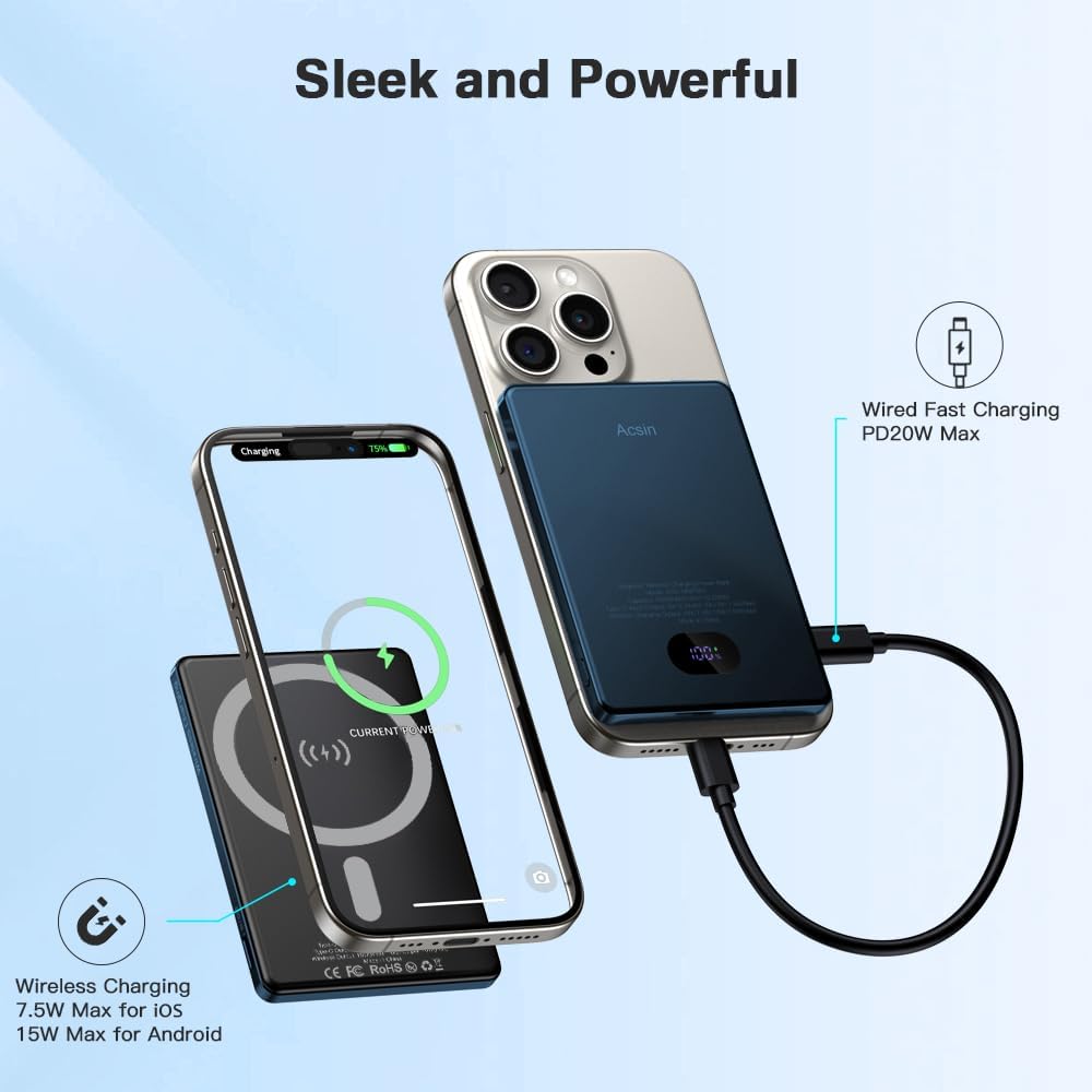 Acsin Magnetic Portable Charger Ultra Slim 5000mAh for Magnetic Battery Pack,Wireless Power Bank with LED Display 20W Two Way USB-C Charging for iPhone 16/16 Pro/16 Pro Max/15/14/13/12 Series (Blue) - PuriLite