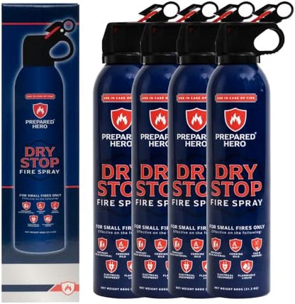 Dry Stop Fire Spray by Prepared Hero - 4 Pack - Portable Fire Extinguisher for Home, Car, Garage, Kitchen - Works on Electrical, Grease, Battery Fires & More - Compact, Easy to Use - PuriLite