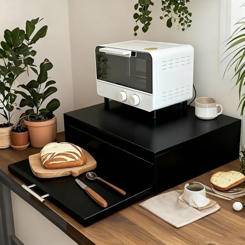 Microwave Stand with Drawer, 3-Tier Kitchen Organizer, Carbon Steel Rack for Coffee Maker & Small Appliances, Pull-Out Extension Shelf