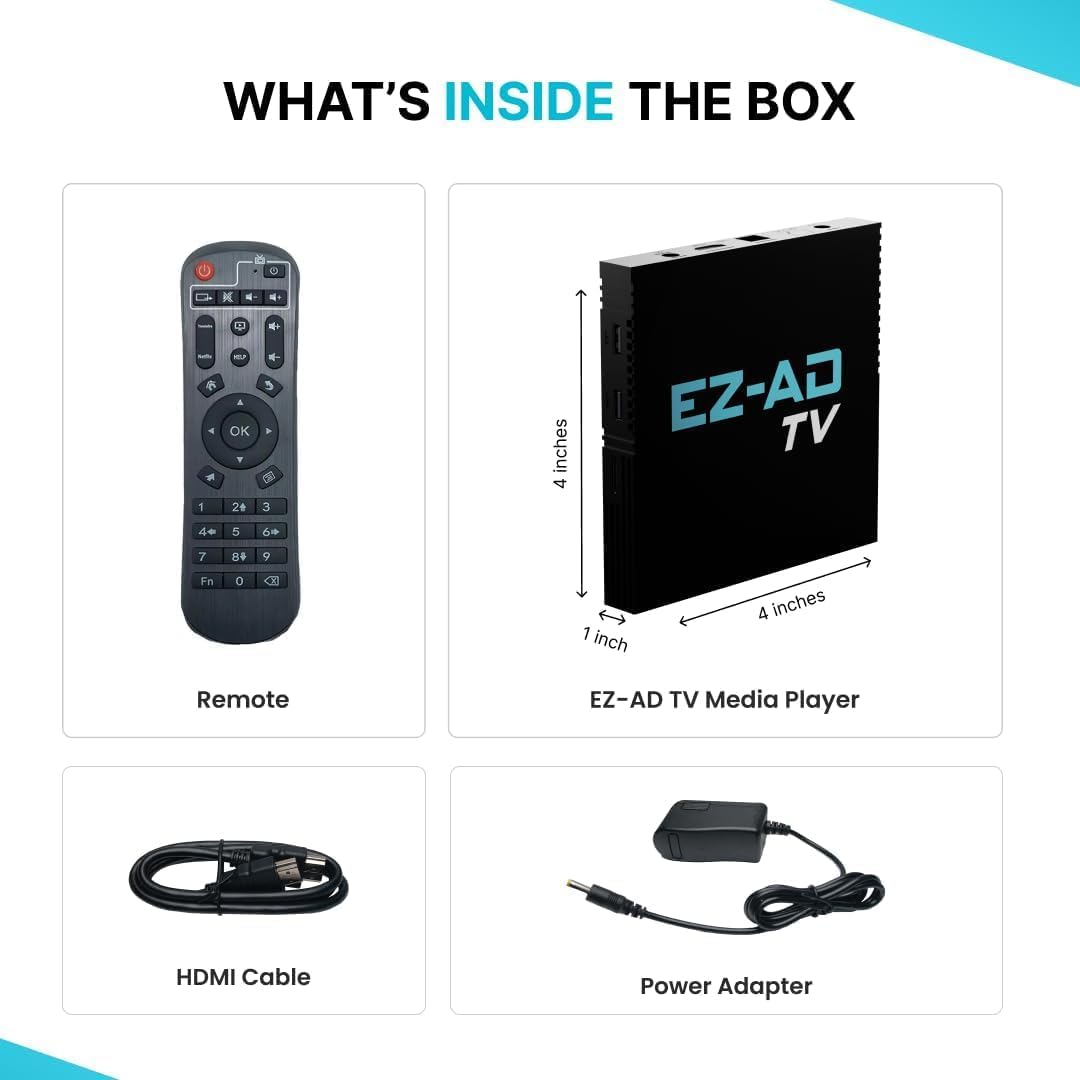 EZ-AD TV Digital Signage Player, Digital Signage 4k Player Kit, Auto-Post Content, Cloud-Controlled, Add Your PowerPoint Presentation, Free Plan & Mobile App, Thousands of Templates - PuriLite