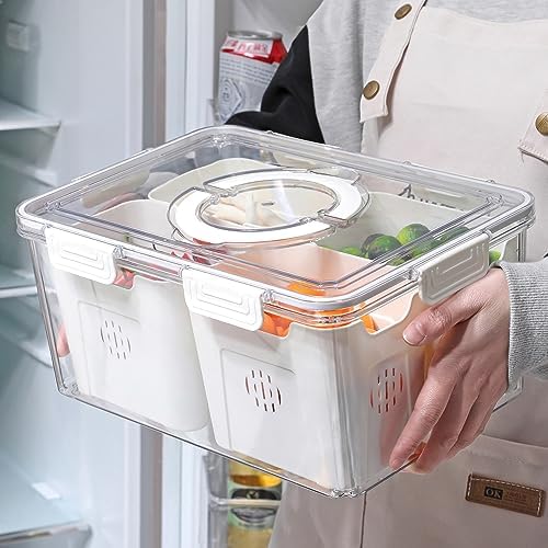 Taiuloo Divided Serving Tray with Lid & Handle, Airtight 6 Compartment Snackle Box Charcuterie Container, Fridge Organizer Bins, Food Storage Container Veggie Tray for Snack, Fruit, Salad, Nut - PuriLite