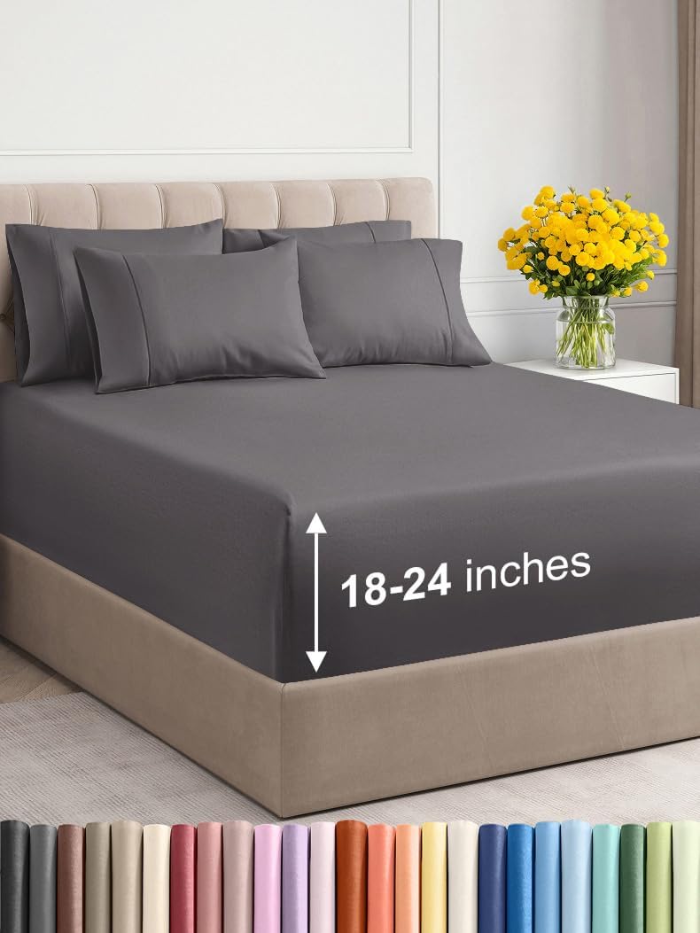 Extra Deep Queen Sheet Set - 6 Piece Breathable & Cooling Sheets - Hotel Luxury Bed Sheets Set - Easy & Secure Fit - Soft, Wrinkle Free & Comfy Sheets Set - White Sheet Set w/Extra Deep Pockets - PuriLite