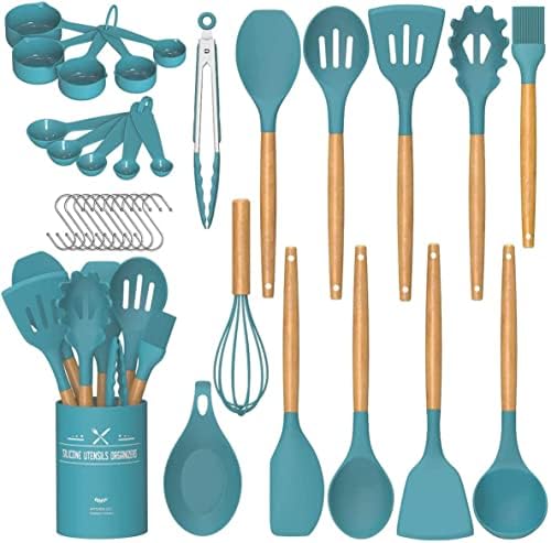 Umite Chef Kitchen Cooking Utensils Set, 33 pcs Non-Stick Silicone Cooking Kitchen Utensils Spatula Set with Holder, Wooden Handle Silicone Kitchen Gadgets Utensil Set (Khaki) - PuriLite