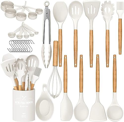 Umite Chef Kitchen Cooking Utensils Set, 33 pcs Non-Stick Silicone Cooking Kitchen Utensils Spatula Set with Holder, Wooden Handle Silicone Kitchen Gadgets Utensil Set (Khaki) - PuriLite