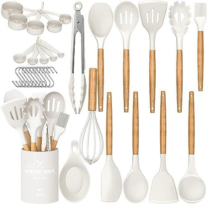 Umite Chef Kitchen Cooking Utensils Set, 33 pcs Non-Stick Silicone Cooking Kitchen Utensils Spatula Set with Holder, Wooden Handle Silicone Kitchen Gadgets Utensil Set (Khaki) - PuriLite