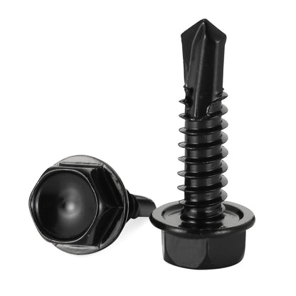 #10 x 1 Hex Washer Head Self Tapping Drilling Screws Black Oxidized, 410 Stainless Steel, 100 PCS - PuriLite