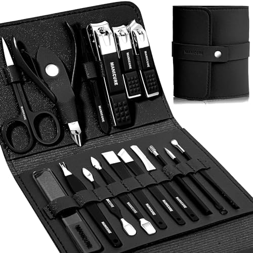 Manicure Set Professional Nail Clippers Pedicure Kit, 16 pcs Stainless Steel Nail Care Tools Grooming Kit with Luxurious Travel Leather Case for Thick Nails Men Women Gift (Black) - PuriLite