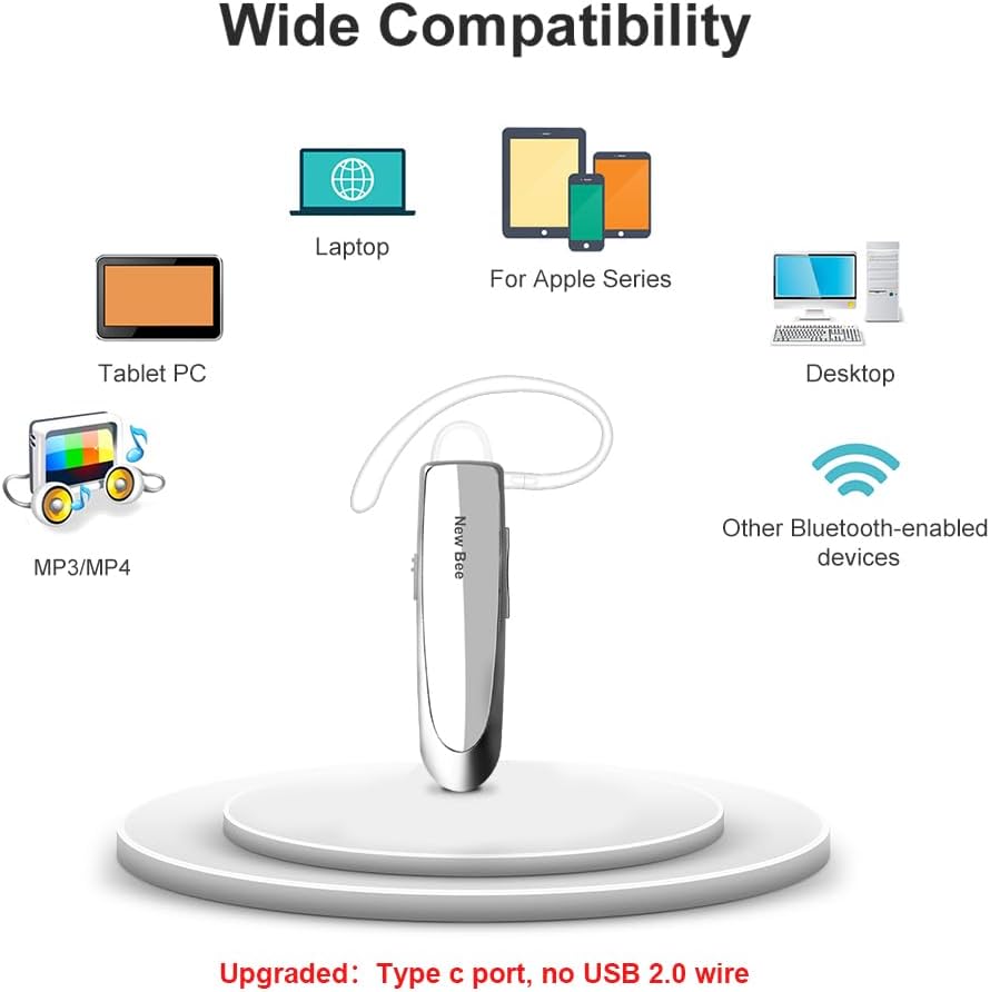 Bluetooth Headset New Bee 24Hrs V5.0 Bluetooth Earpiece Wireless Handsfree Driving Headset with Noise Canceling Mic Headset Case for iPhone Samsung Android Mobile Cell Phone Tablets Office - PuriLite