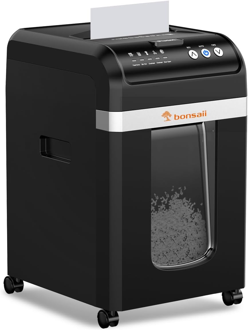 Bonsaii 200-Sheet Auto Feed Paper Shredder, 60 Minutes Nonstop Heavy Duty Shredders, 8.1 Gallon Large Bin Office Document Shredder, Micro-Cut/High Security P-4 Commercial Grade Shredder (C283-A) - PuriLite