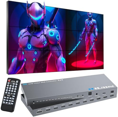HDMI Video Wall Controller, RIUIIN TV Wall Controller, 4K TV Wall Processor, 180° Rotation, Audio, IR Remote, 2x2,1x2,1x3,1x4,2x1,3x1,4x1, Make 4 tv Screens into Wall Display - PuriLite