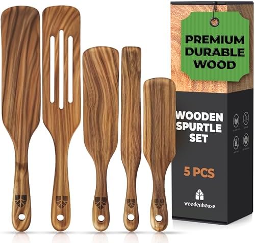 Wooden Spurtle Set, Teak Spurtles Kitchen Tools, Wooden Spatula for Cooking, Wood Utensils Set of 5, Non Stick Cookware for Serving, Stirring, Mixing, Scraping, Scooping, Healthy and Heat Resistant - PuriLite