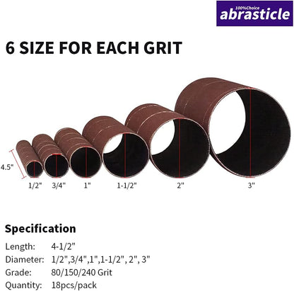 18 Pack Spindle Sander Sleeves, Sanding Sleeves for Oscillating Sander, 80 150 240 Assorted Grit Sandpaper, 4-1/2" Length, 1/2",3/4",1",1-1/2", 2", 3" Diameter - PuriLite