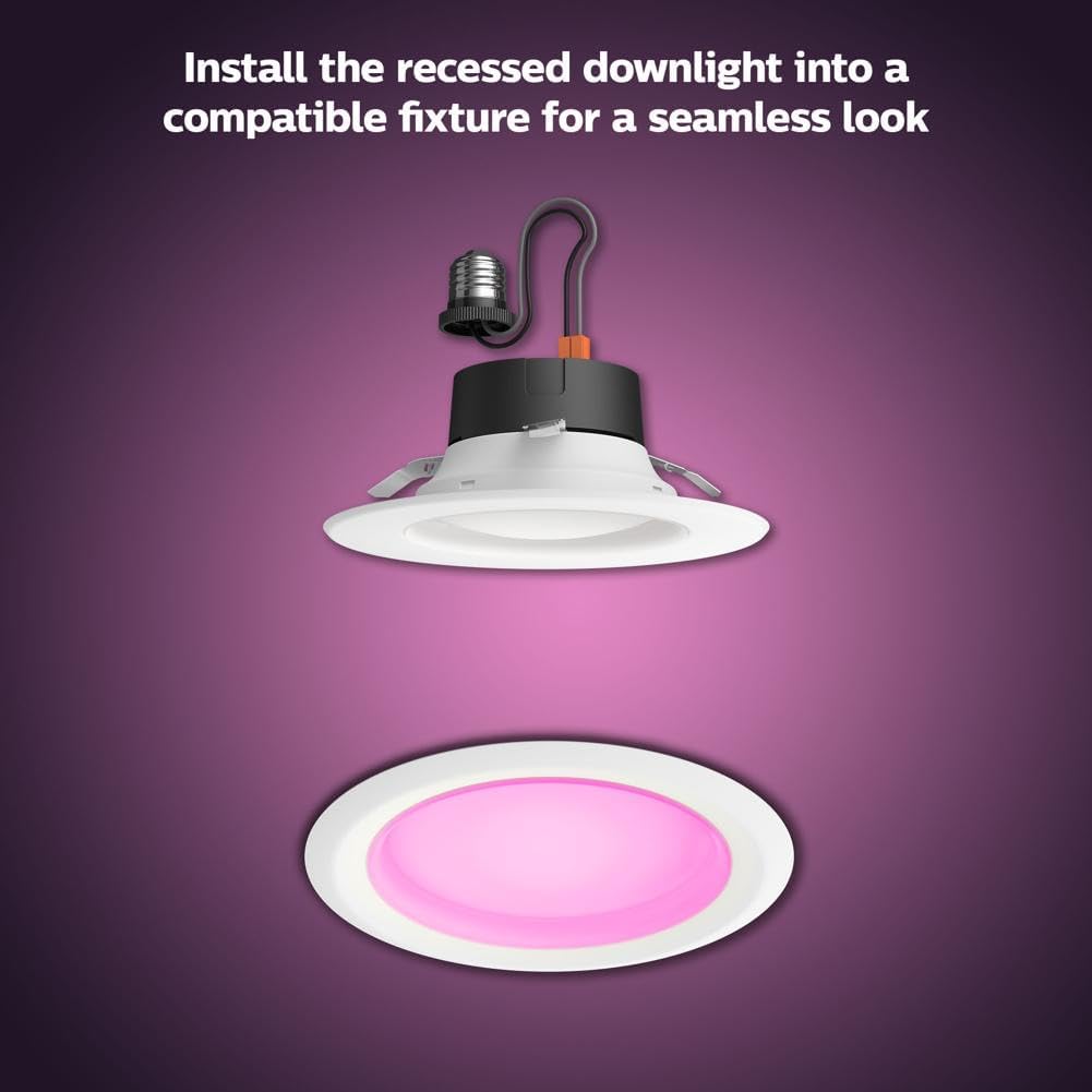 Philips Hue White & Color Ambiance 4" Smart LED Retrofit Can Downlight, Color Changing, Bluetooth & Zigbee Compatible (Hue Hub Optional), Smart Ceiling Lighting - PuriLite