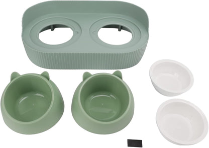 Elevated Cat Bowls, Double Ceramic Pet Bowls Cat Food and Water Set Elevated Feeding Station Ceramic Pet Dish Feeder for Kitten and Small Dogs, (Green [Cheongsam Meow] Green Bottom)