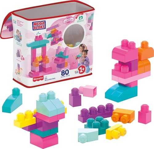 MEGA BLOKS First Builders Toddler Blocks Toys Set, Big Building Bag with 80 Pieces and Storage, Blue, Ages 1+ Years - PuriLite