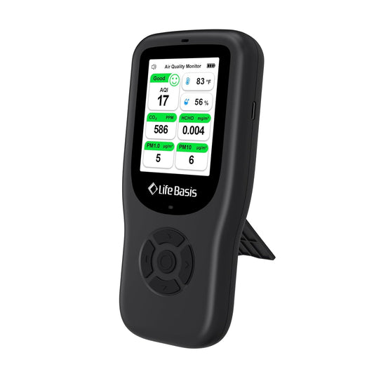 LifeBasis Air Quality Monitor Indoor, 10-in-1 Air Quality Detector with Stand, Real-Time Air Meter Test AQI, PM1.0, PM2.5, PM10, CO2, TVOC, HCHO, Particles, Temperature and Humidity with Alert -Black - PuriLite